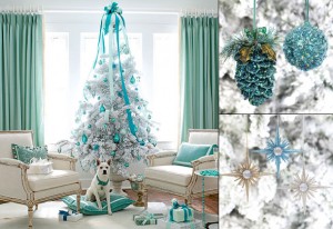 white-christmas-blue-tree-combination-decorated-non-traditional-unique-theme-fun-wreath-ornament-holiday-teal-lovely-feminine-livingroom-decoration